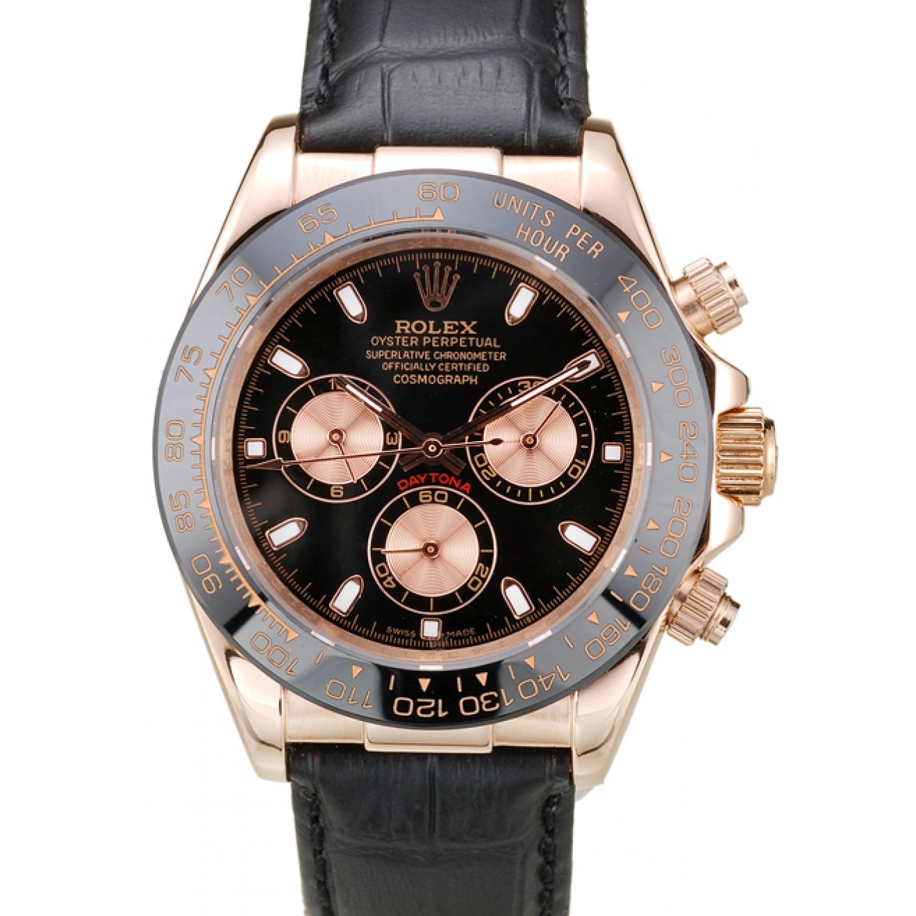 Aaa replica watch Rolex Black Black Case Gold Dial Daytona Leather Rose Strap 0608